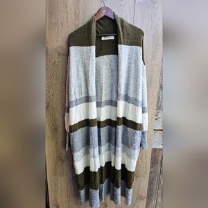 Three Bird Nest Long Cardigan Olive, Gray, Cream Striped Women's Cardigan L/XL